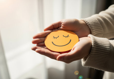 A close up shot of hands gently holding a yellow paper cutout featuring a serene smiling face, symbolizing happiness, care, and positive emotions.の素材