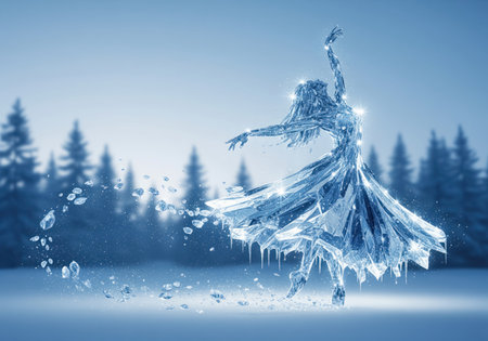 An ethereal ice dancer gracefully spins, her form crafted from glistening ice and sparkling fragments. this magical scene evokes beauty, fantasy, and the enchantment of winter.の素材