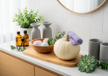 A clean and bright modern spa bathroom counter featuring a white pumpkin, colorful bathbombs, essentialoil bottles, and green succulents, perfect for relaxation and self care.の素材