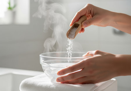 Close up of hands gently pouring bath salts from a wooden scoop into a clear glass bowl filled with steaming warm water, suggesting a relaxing self care ritual or spa treatment.の素材