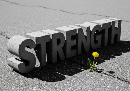 A powerful visual metaphor depicting the word STRENGTH in concrete blocks on cracked pavement, with a vibrant yellow dandelion symbolizing resilience and growth amidst adversity.の素材