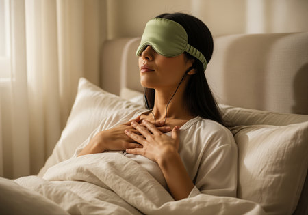 A serene woman lies in bed wearing a sleep mask and earphones, with hands clasped on her chest, finding peace and relaxation. she is enjoying a moment of calm, perfect for mindfulness or rest.の素材