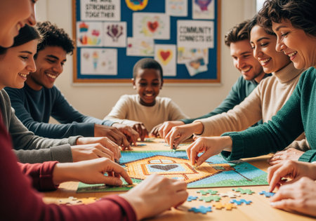 A diverse group of smiling people, including adults and a child, are gathered around a table, actively engaged in assembling a colorful jigsaw puzzle. this scene depicts teamwork, community, and shared enjoyment.の素材