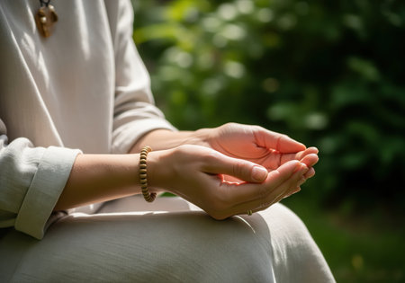 Close up of a woman hands gently cupped together, palms open, as if holding something precious or receiving. this serene gesture evokes feelings of care, giving, and connection to nature.の素材