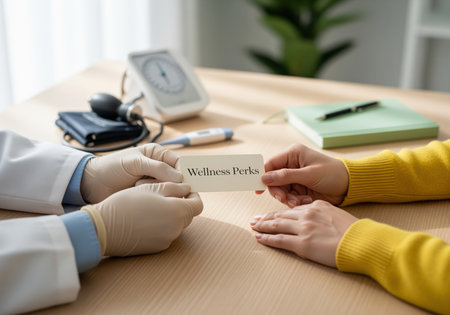 Close up of a doctor gloved hands presenting a wellness perks card to a patient, illustrating health benefits and medical services. this image is ideal for healthcare marketing and patient care promotions.の素材