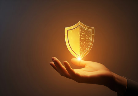A human hand gently cradles a vibrant, glowing golden shield icon, representing robust digital protection, data security, and privacy concepts. ideal for technology and finance themes.の素材