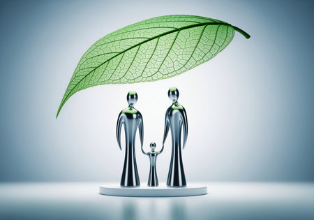 Stylized metallic family figures stand under a vibrant green leaf, illustrating concepts of security, nature, and a sustainable future for loved ones.の素材