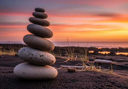 A serene stack of smooth, naturally textured river stones stands balanced on a dark beach, silhouetted against a breathtaking sunset sky over the ocean. this tranquil scene evokes peace and harmony.の素材