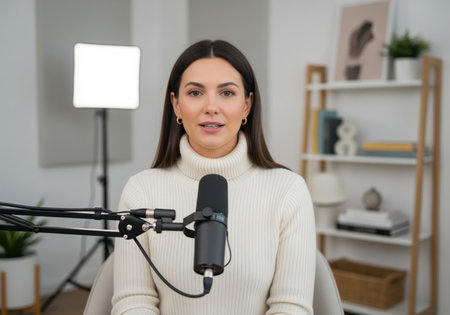 A professional woman records a podcast in a modern home studio, speaking confidently into a microphone. ideal for themes of content creation, online media, and communication.の素材