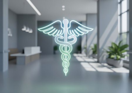 A striking glowing caduceus symbol, featuring a staff with two snakes and wings, represents medicine, healthcare, and healing. ideal for medical themes.の素材