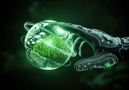 A futuristic robotic hand gently interacts with a glowing digital globe, showcasing a vibrant green forest and global network connections. this symbolizes environmental protection, sustainable technology, and a green future.の素材