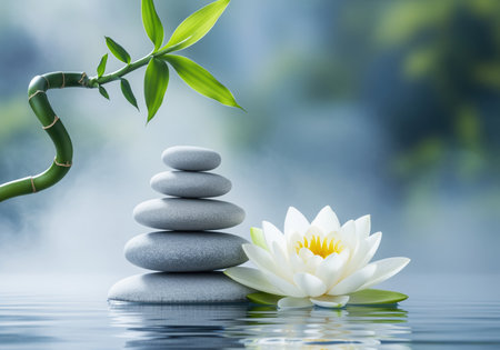 A tranquil arrangement of balanced grey stones, a beautiful white lotus, and a green bamboo branch floating on reflective water, symbolizing peace and harmony.の素材