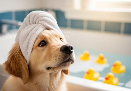 An adorable golden retriever puppy wears a fluffy white towel on its head, looking up with wide, eager eyes. this cute scene captures a pampered pet moment, perfect for animal lovers.の素材