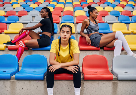 Three diverse young women in sportswear sitting on vibrant, multicolored stadium seats. They appear focused and ready for a sports event or training session, representing youth and athleticism.の素材