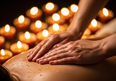 Close up of human hands performing a soothing back massage with oil on skin, surrounded by soft, blurred candlelight in a tranquil spa.の素材