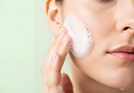 Close up of young woman's face actively washing with fluffy white cleansing foam. Her hand gently applies the skincare product, highlighting daily facial hygiene, clean pores, and a beauty routine for healthy, fresh skin.の素材