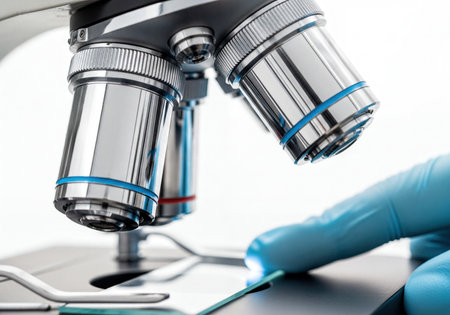 Close-up of a scientist&#39;s gloved hand carefully positioning a microscopic sample slide under the objective lenses of a professional laboratory microscope. Focus on scientific research, medical analysis, and detailed biological study.の素材