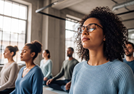 Young diverse women and men practice meditation in a group setting. Concentrated woman with curly hair and glasses closes her eyes, finding inner peace and mindfulness during a yoga or wellness class.の素材