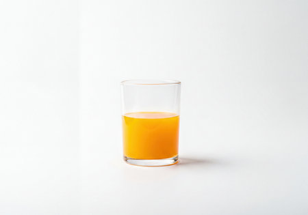 Clear glass tumbler, approximately half full with bright orange juice. This vibrant, refreshing beverage is isolated on a clean white background, representing natural and healthy drink options.の素材
