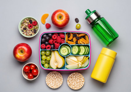 Colorful healthy lunchbox with fresh fruits, vegetables, and dried apricots, including raspberries, grapes, pear, apple, and cucumber. Rice cakes, cherry tomatoes, a seed mix, green water bottle, and a yellow thermos for balanced nutrition.の素材