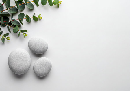 Three grey, smooth spa stones arranged with a fresh green eucalyptus branch on a minimalist white surface, creating a peaceful and natural scene with ample copy space for product display or text.の素材