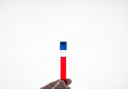 Gloved hand presenting a blood sample in a transparent test tube, highlighted against a clean white background, symbolizing medical research and diagnostics.の素材