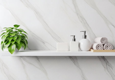 White shelf adorned with a vibrant green houseplant, clean dispenser bottles for soap and lotion, a bar of soap, and rolled grey towels on a wooden tray, set against a luxurious white marble wall.の素材