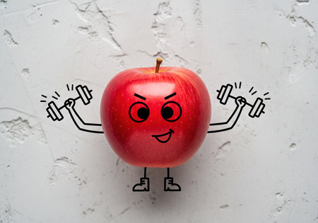 Vibrant red apple with a cheerful cartoon face flexing its muscles and lifting small dumbbells, symbolizing strength, healthy eating, and a fit lifestyle against a clean, textured background.の素材