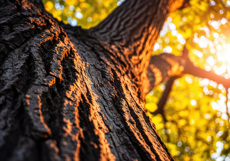 Rough textured tree trunk illuminated by warm, golden sunlight filtering through blurred green and yellow leaves of the canopy above, creating a natural and serene outdoor scene with a lens flare.の素材