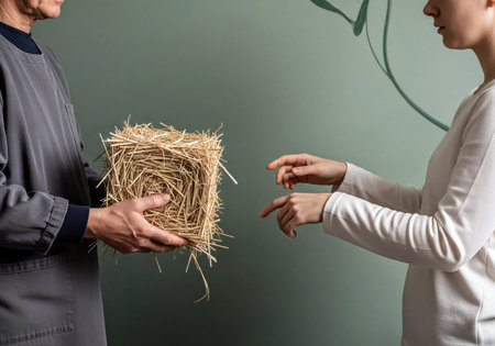 Man's hands hold a cubical straw object, presenting it towards a woman's outstretched hands. This exchange symbolizes sustainability, natural resources, handcrafted work, and eco-friendly practices.の素材