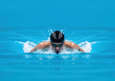 Male swimmer in black swim cap and goggles powerfully driving through bright blue pool water during a competitive butterfly stroke race, showing intense effort.の素材