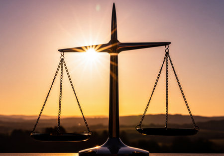 Silhouette of an old-fashioned justice scale standing against a dramatic golden sunrise sky with sun rays and a misty landscape below, symbolizing law, balance, and decisions.の素材