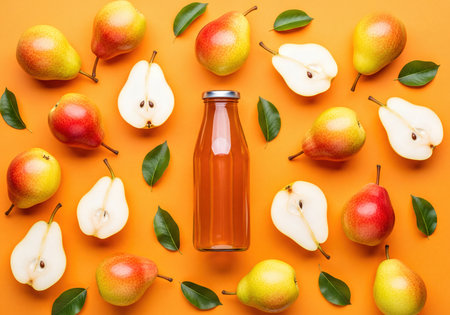 Fresh red and yellow whole and halved pears with vibrant green leaves arranged artfully around a clear glass bottle containing golden pear juice, presented on a vivid orange surface as a flat lay.の素材