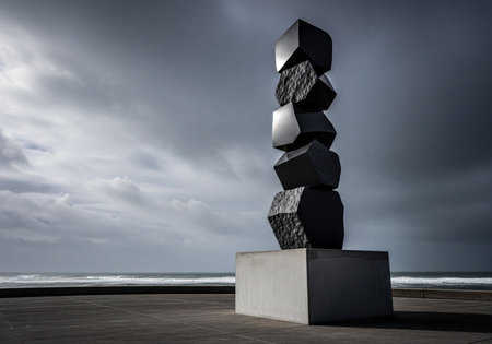 Abstract modern stone sculpture of stacked geometric and organic blocks on a concrete base by a moody ocean under heavy gray clouds, creating a dramatic atmosphere.の素材