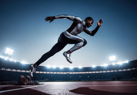 Male athlete in a dynamic sprint, launching powerfully from starting blocks on a professional stadium track. Depicts speed, competition, athletic effort, and determination under bright lights.の素材