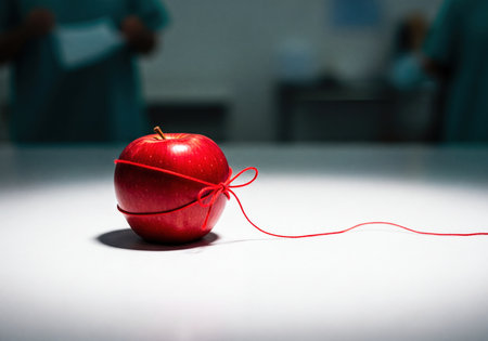 Vibrant red apple tied with a delicate red string, forming a bow, resting on a white surface. Blurred medical professionals are in the background, symbolizing health, connection, and care in a healthcare setting.の素材
