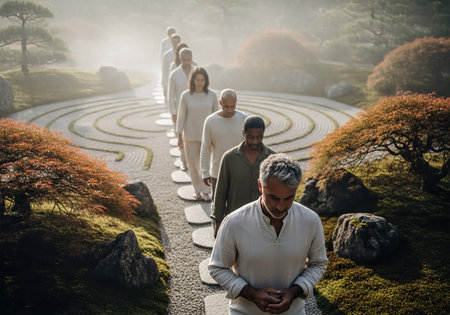 Diverse adults in a line walk mindfully on stepping stones through a peaceful zen garden. Soft light, raked gravel patterns, moss, and autumn trees create a tranquil, meditative environment.の素材