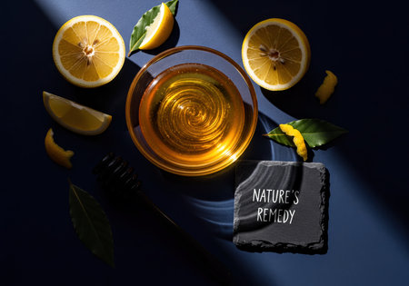 Golden honey in a clear glass bowl with fresh sliced lemons, zest, bay leaves, and a black honey dipper on a dark blue background. Features a slate coaster with &#39;NATURE&#39;S REMEDY&#39; text, symbolizing natural health and immune support from an overhead perspective.の素材