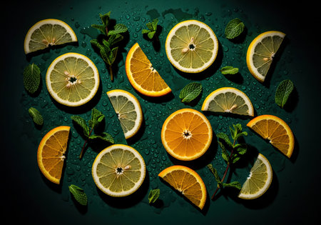 Freshly cut slices of vibrant lemon and orange arranged with aromatic mint leaves, glistening with water droplets on a deep dark green background. A refreshing and healthy composition.の素材