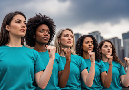 A group of diverse, empowered women in teal t-shirts stand united with clenched fists. Represents strength, determination, and solidarity for social change.の素材