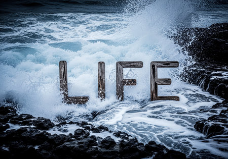 Wooden letters spelling the word LIFE are vigorously hit by powerful, foamy ocean waves crashing against a dark, rugged rocky coastline. Turbulent water surrounds the striking wooden text, conveying resilience and strength against life&#39;s challenges.の素材