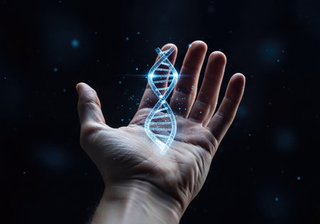 Close up of a human hand holding a glowing blue digital DNA double helix structure, symbolizing advancements in biotechnology, genetic engineering, and scientific research.の素材