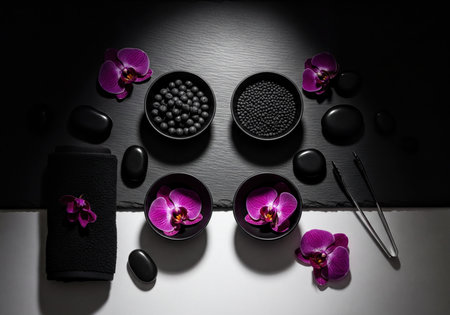 Elegant contrast spa arrangement featuring vibrant purple orchid flowers, smooth black stones, black towels, and bowls with round elements, set against a dark slate and white backdrop.の素材