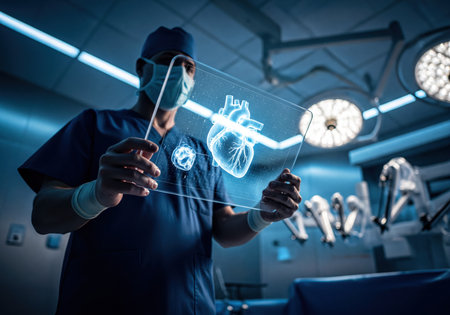 Medical professional in scrubs and mask holds transparent screen showcasing a vibrant holographic human heart and organs in a futuristic operating room. Concept of advanced medicine and diagnostic technology.の素材