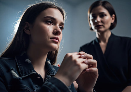 Crying young woman with a tear on her cheek, receiving comfort and support from another woman in the background. Depicts struggle, empathy, and mental health counseling.の素材