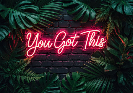 Bright red neon sign displaying &#39;You Got This&#39; against a dark brick wall, framed by lush green tropical leaves. A motivational message for success and encouragement.の素材
