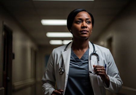 Confident African American female doctor wearing a white lab coat, scrubs, and stethoscope, walking determinedly down a hospital or clinic corridor with focused expression. Professional healthcare provider.の素材