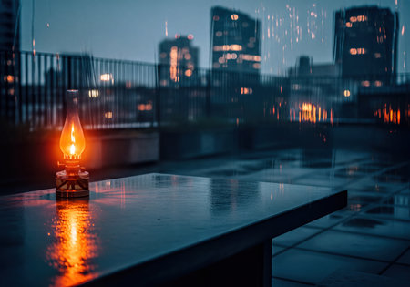 Vintage oil lamp with a bright flame sitting on a wet table on a rooftop. Rain streaks in the foreground with a blurred illuminated city skyline at night creating a moody, atmospheric urban scene.の素材