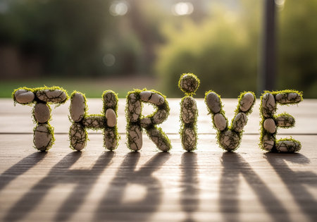 Word THRIVE formed from natural stones and vibrant green moss, casting long shadows on a rustic wooden plank, representing growth, sustainability, and positive energy in nature&#39;s light.の素材