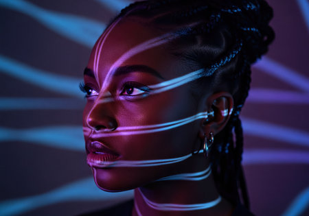 Young Black woman&#39;s face illuminated by vibrant blue and purple neon light patterns creating a futuristic and artistic ambiance, showcasing modern beauty and technology.の素材